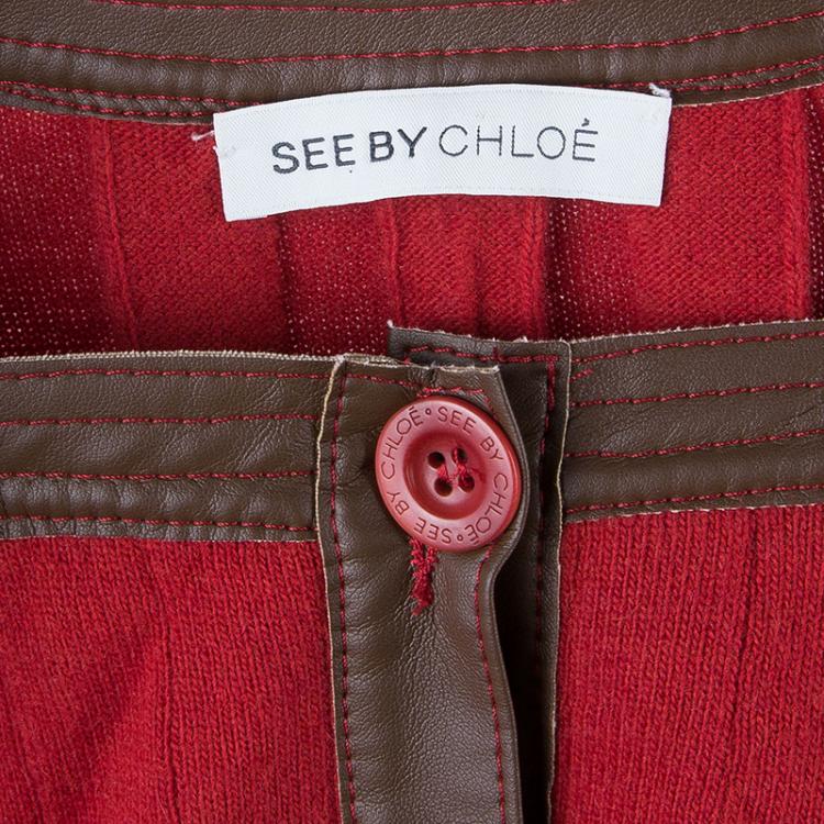 Pre Owned See by Chloe Red Wool Leather Trimming Dress S