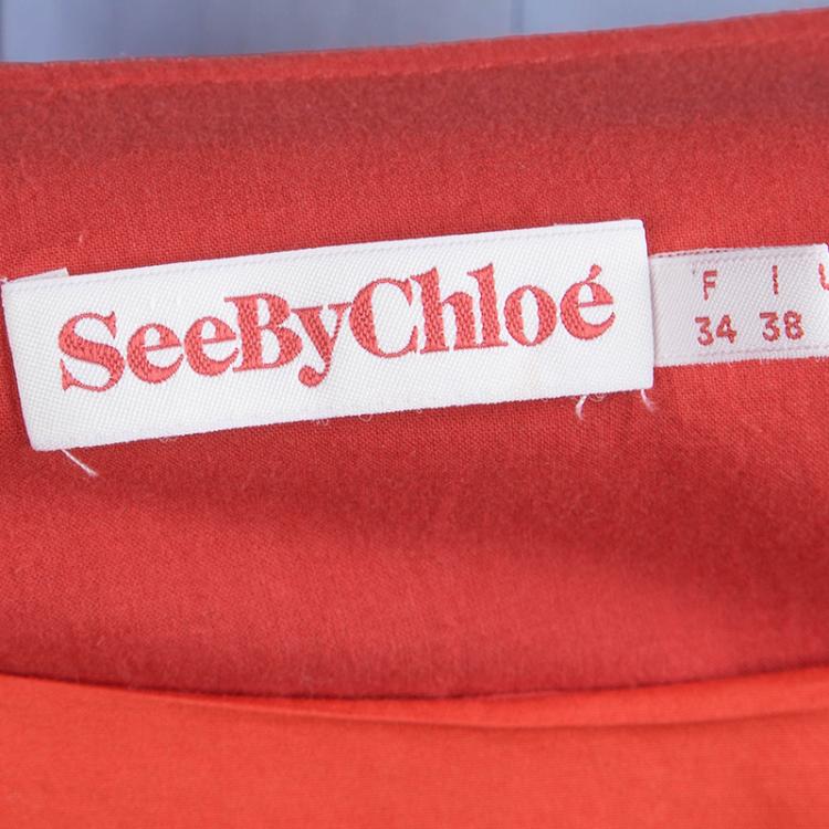 Pre Owned See By Chloe Red Cotton Overlay Short Sleeve Dress S