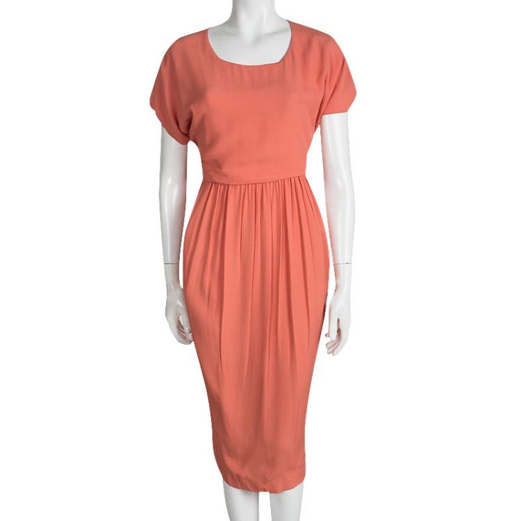 Pre Owned See By Chloe Orange Gathered Waist Short Sleeve Midi Dress M
