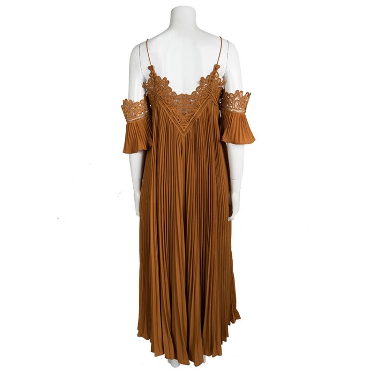 Pre Owned Self Portrait Camel Brown Plisse Lace Trim Cold Shoulder Maxi Dress M