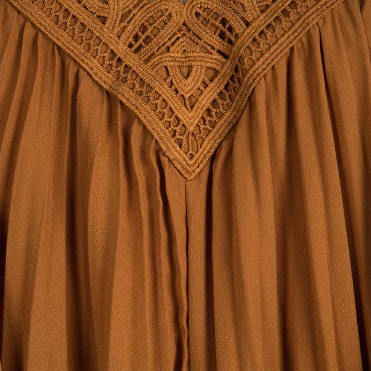 Pre Owned Self Portrait Camel Brown Plisse Lace Trim Cold Shoulder Maxi Dress M