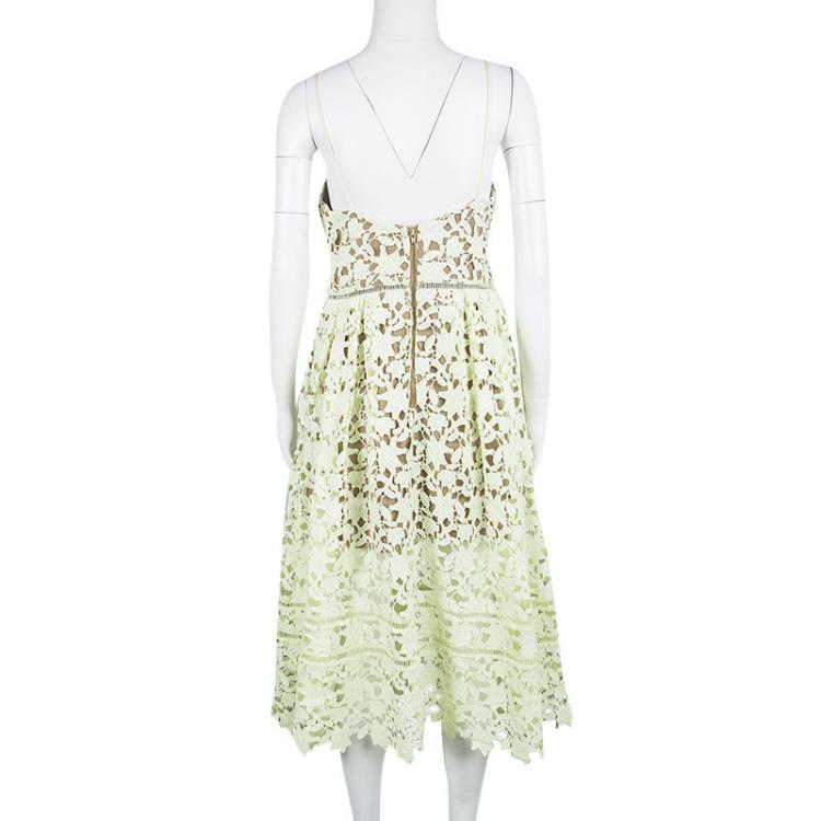 Pre Owned Self Portrait Lemon Yellow Floral Lace Noodle Strap Midi Dress L