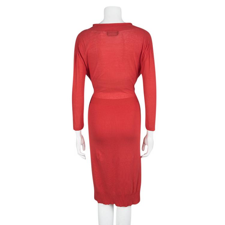 Pre Owned Sonia Rykiel Red Knit Waist Tie Detail Long Sleeve Midi Dress S