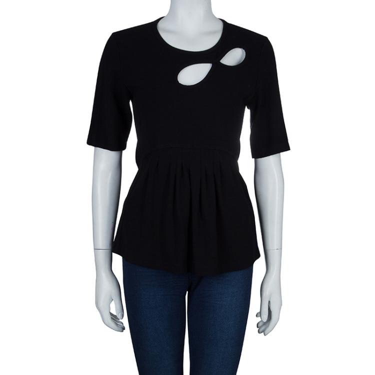 Pre Owned Sonia Rykiel Black Cutout Detail Pleated Short Sleeve Top L