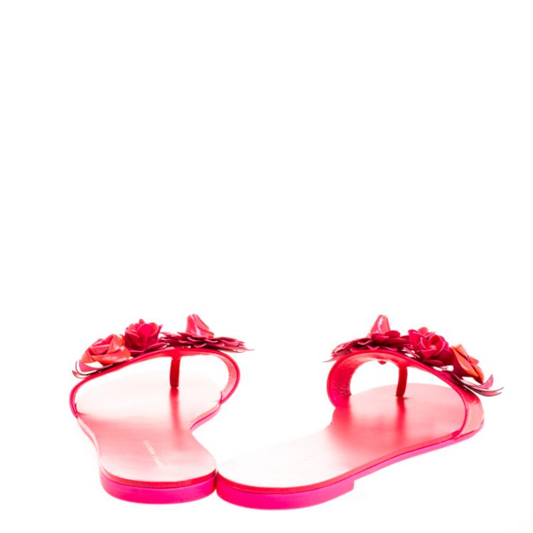 Pre Owned Sophia Webster Florescent Pink Lilico Floral Embellished Flat Slides Size 39
