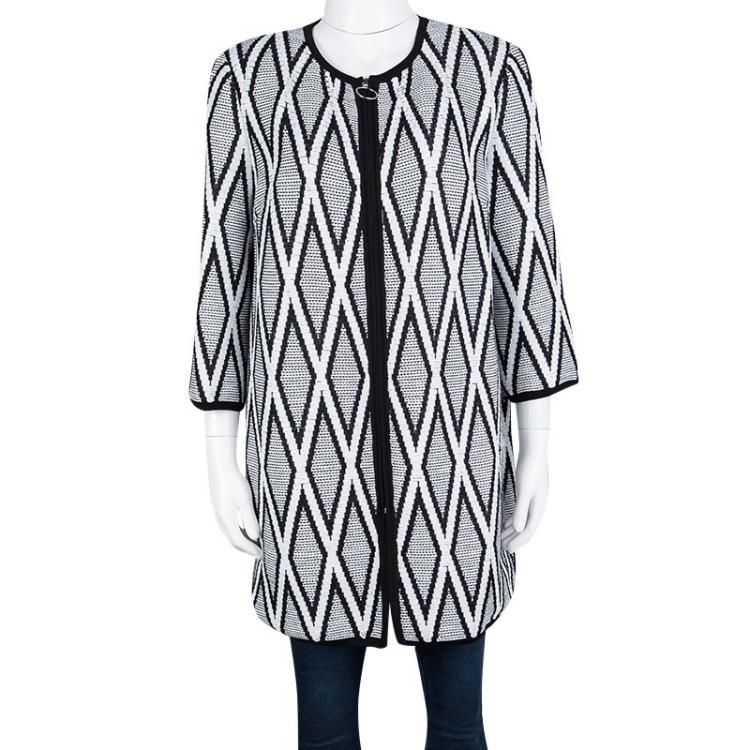 Pre Owned St. John Monochrome Diamond Patterned Textured Long Jacket S