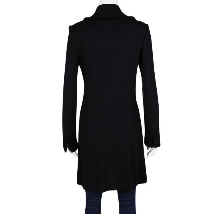 Pre Owned St. John Caviar Black Textured Knit Fringed Edge Overcoat M