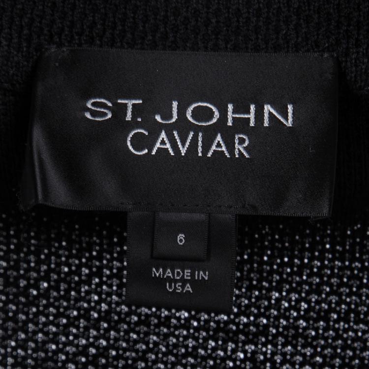 Pre Owned St. John Caviar Black Textured Knit Fringed Edge Overcoat M