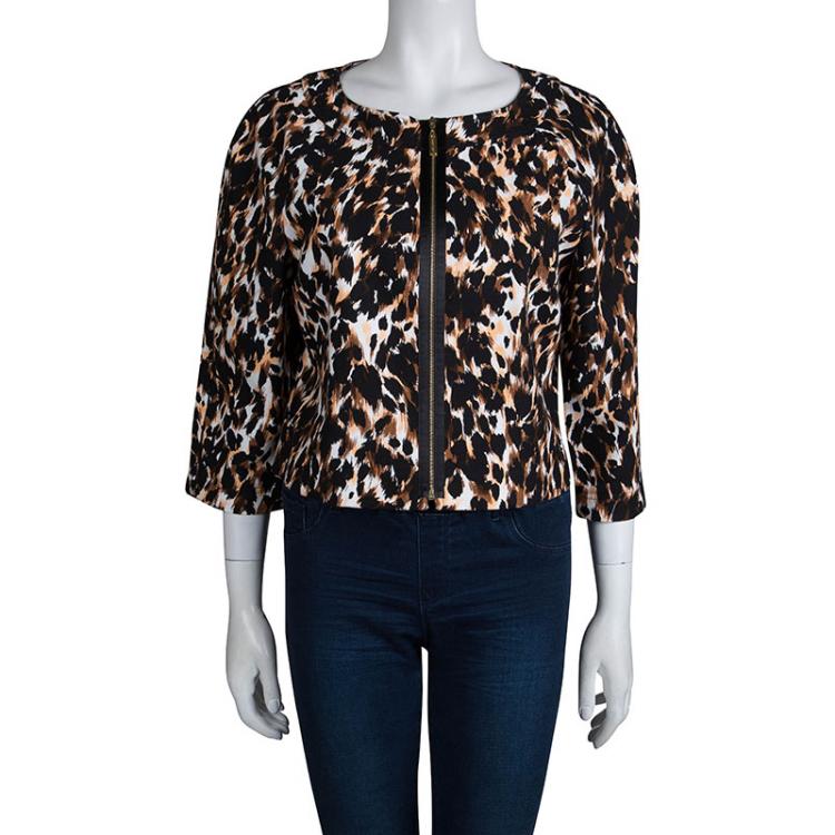 Pre Owned St. John Multicolor Printed Cotton Zip Front Cropped Jacket L