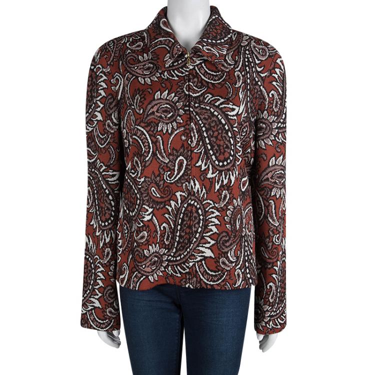 Pre Owned St. John Burnt Orange Knit Paisley Jacquard Zip Front Jacket L