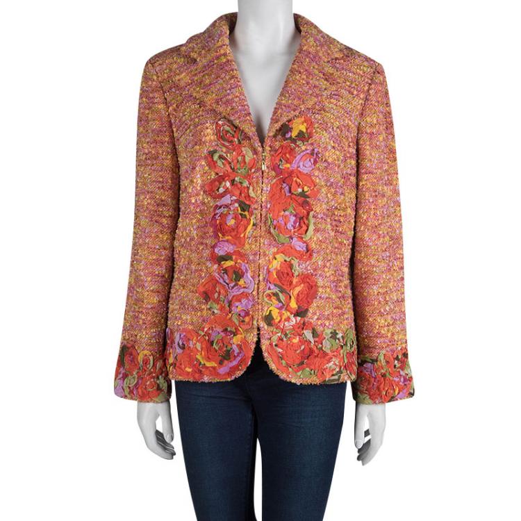 Pre Owned St. John Multicolor Tweed Floral Applique Detail Zip Front Blazer L