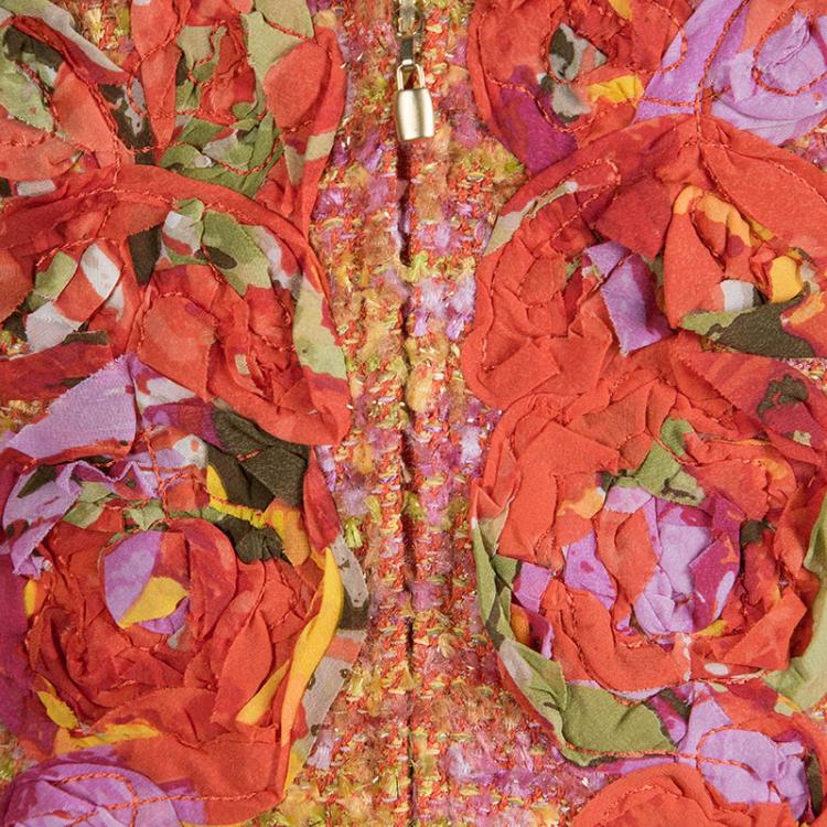 Pre Owned St. John Multicolor Tweed Floral Applique Detail Zip Front Blazer L