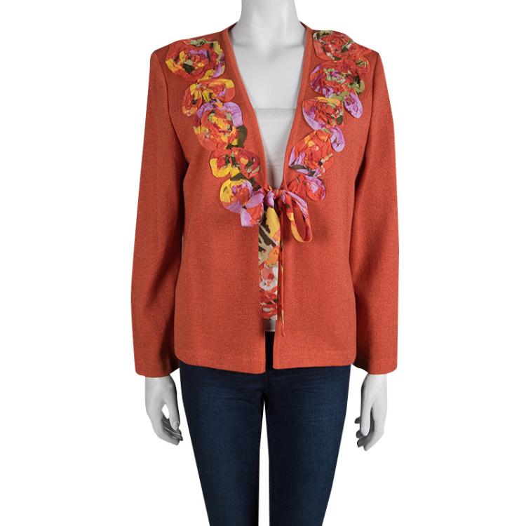 Pre Owned St. John Orange Lurex Knit Floral Applique Detail Cardigan L