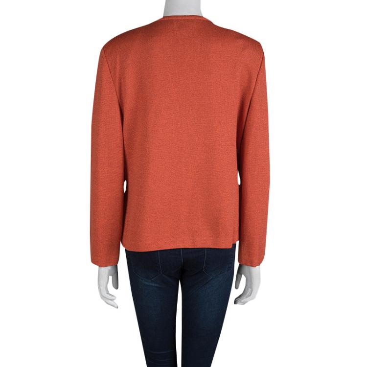 Pre Owned St. John Orange Lurex Knit Floral Applique Detail Cardigan L