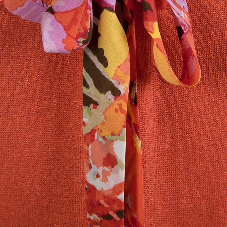 Pre Owned St. John Orange Lurex Knit Floral Applique Detail Cardigan L