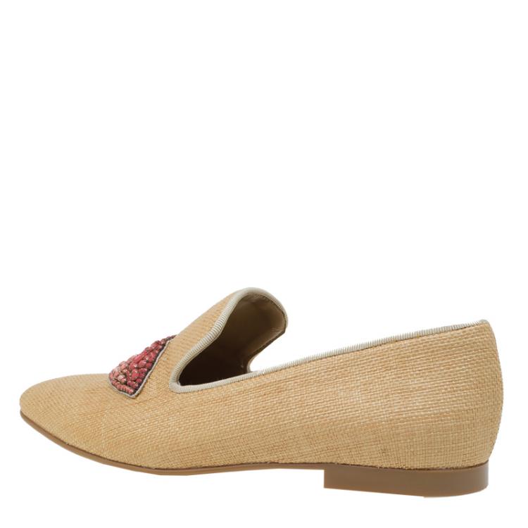 Pre Owned Stella McCartney Beige Woven Fabric Embellishment Tatami Flats Size 37.5