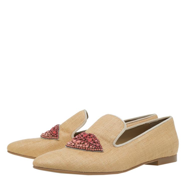 Pre Owned Stella McCartney Beige Woven Fabric Embellishment Tatami Flats Size 37.5