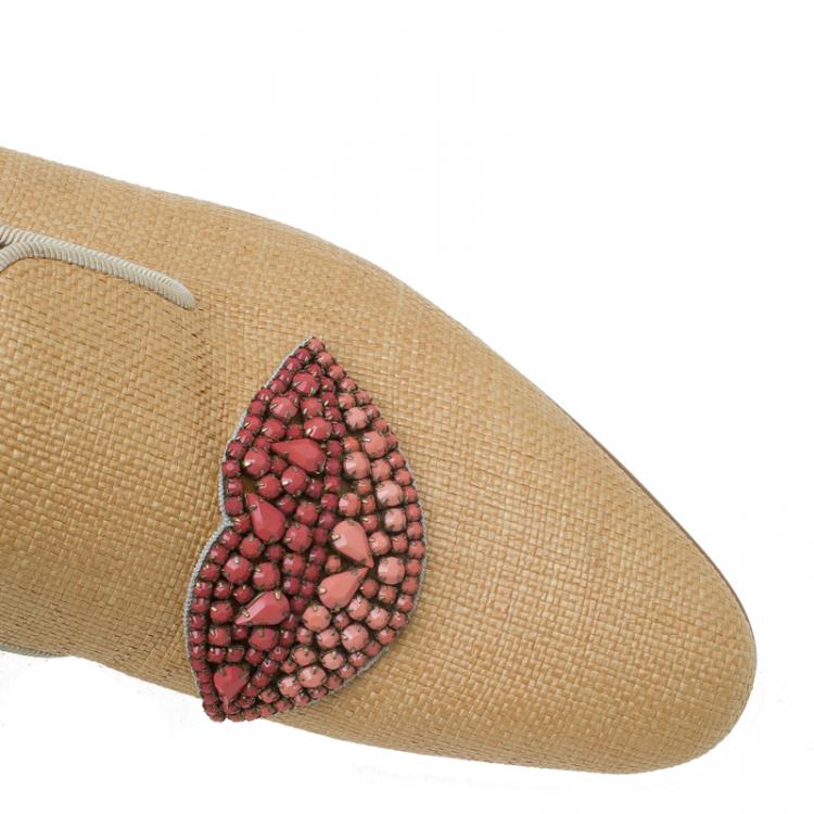 Pre Owned Stella McCartney Beige Woven Fabric Embellishment Tatami Flats Size 37.5