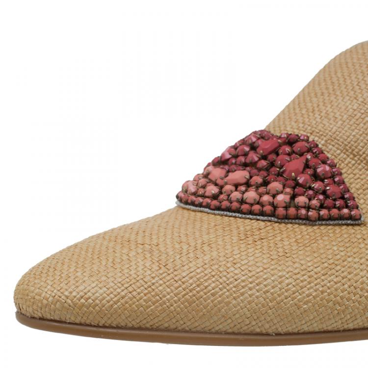 Pre Owned Stella McCartney Beige Woven Fabric Embellishment Tatami Flats Size 37.5