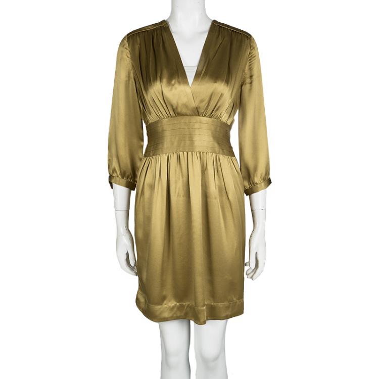 Pre Owned Stella McCartney Dull Gold Satin Pleated Long Sleeve Dress S