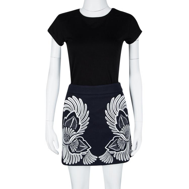 Pre Owned Stella McCartney Navy Blue Wool Cashmere Axelle Embroidered Skirt M