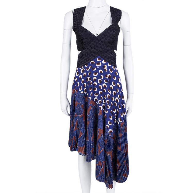 Pre Owned Stella McCartney Printed Silk Plisse Bottom Asymmetric Backless Dress S