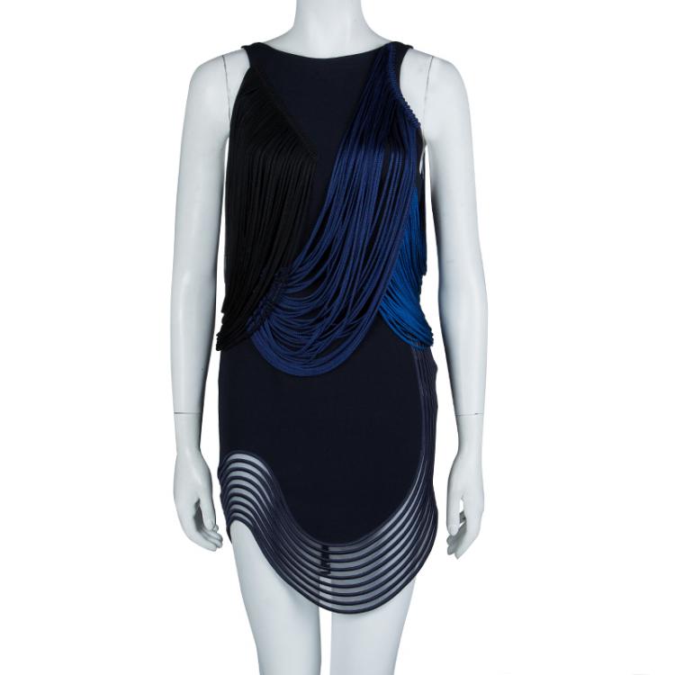 Pre Owned Stella McCartney Blue And Black Ombre Fringed Dress S