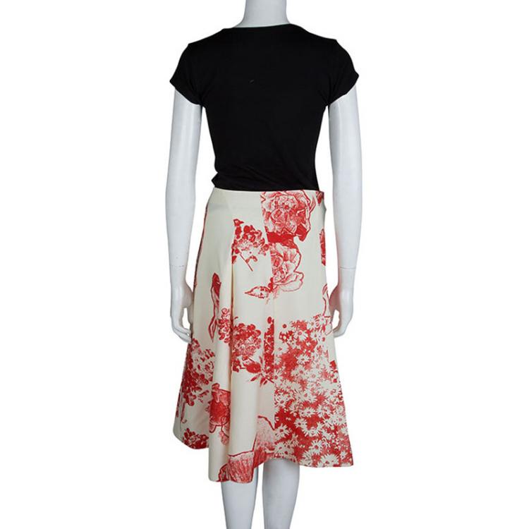 Pre Owned Stella McCartney Cream Silk Floral Printed A-Line Skirt M