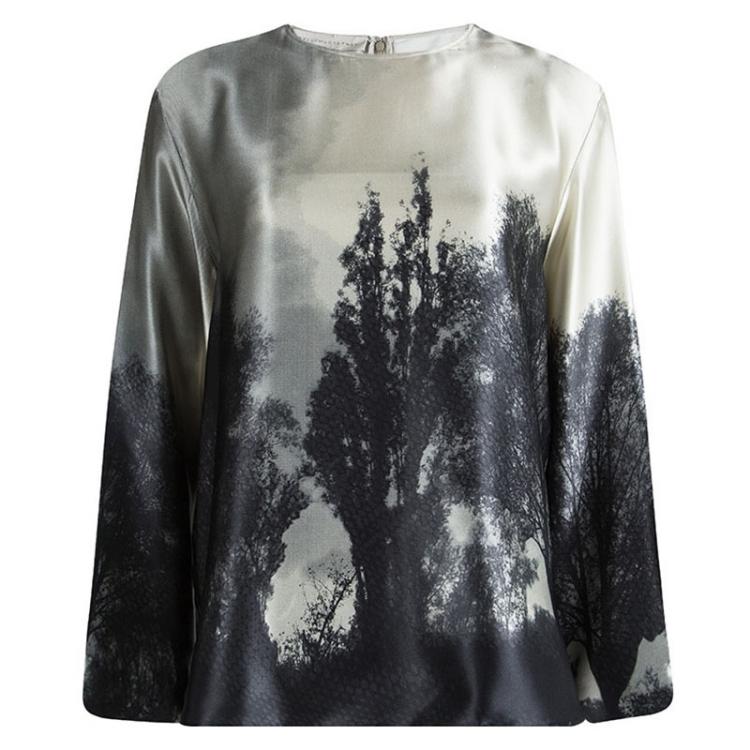 Pre Owned Stella McCartney Grey Printed Silk Long Sleeve Top L