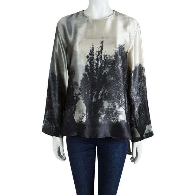 Pre Owned Stella McCartney Grey Printed Silk Long Sleeve Top L