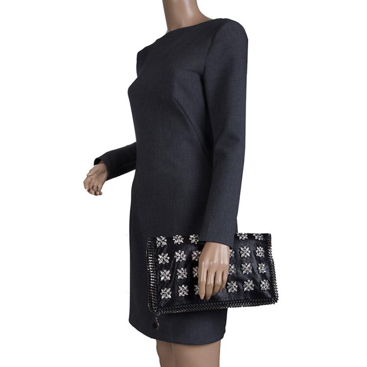 Pre Owned Stella McCartney Black Faux Leather Crystal Embellished Foldover Clutch
