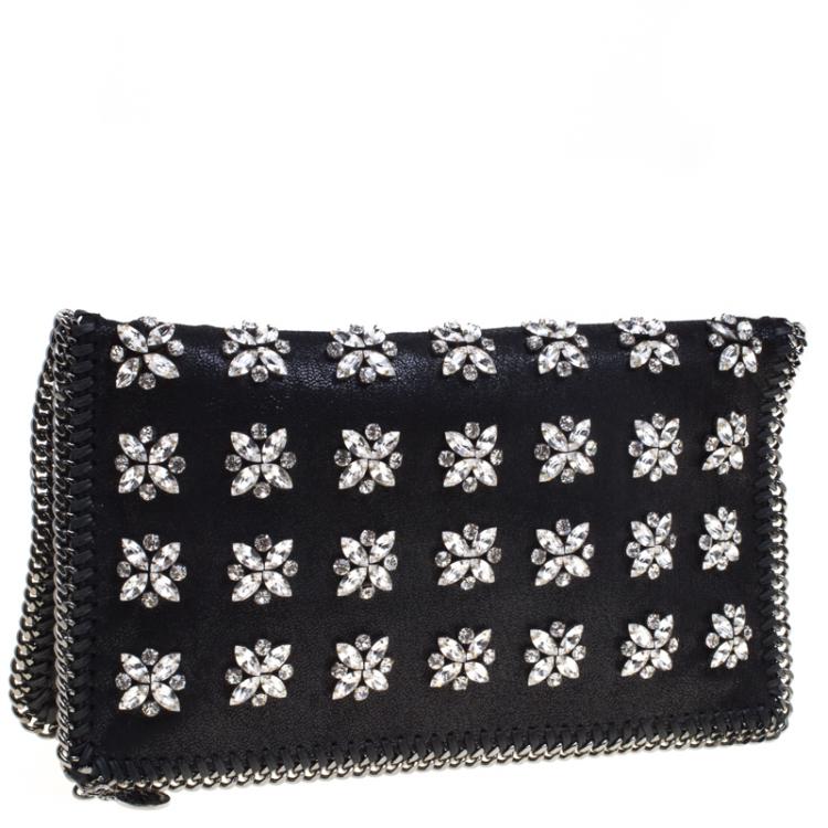 Pre Owned Stella McCartney Black Faux Leather Crystal Embellished Foldover Clutch