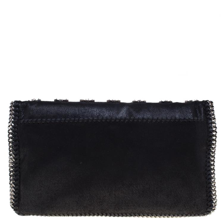 Pre Owned Stella McCartney Black Faux Leather Crystal Embellished Foldover Clutch