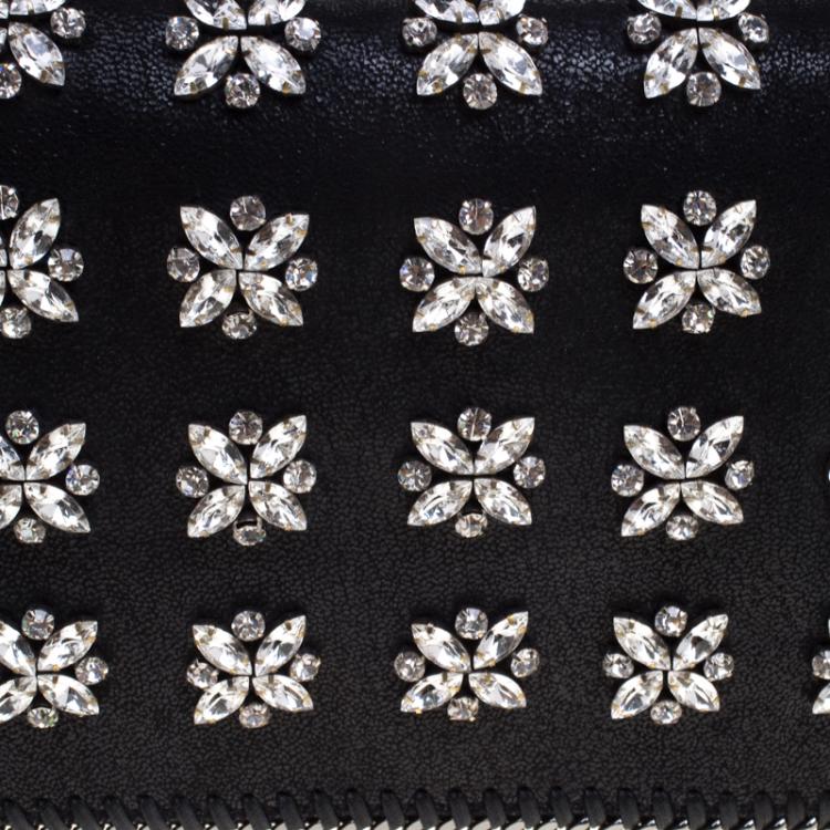 Pre Owned Stella McCartney Black Faux Leather Crystal Embellished Foldover Clutch