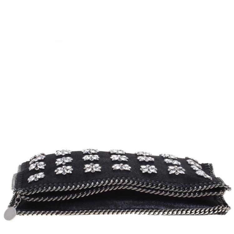Pre Owned Stella McCartney Black Faux Leather Crystal Embellished Foldover Clutch