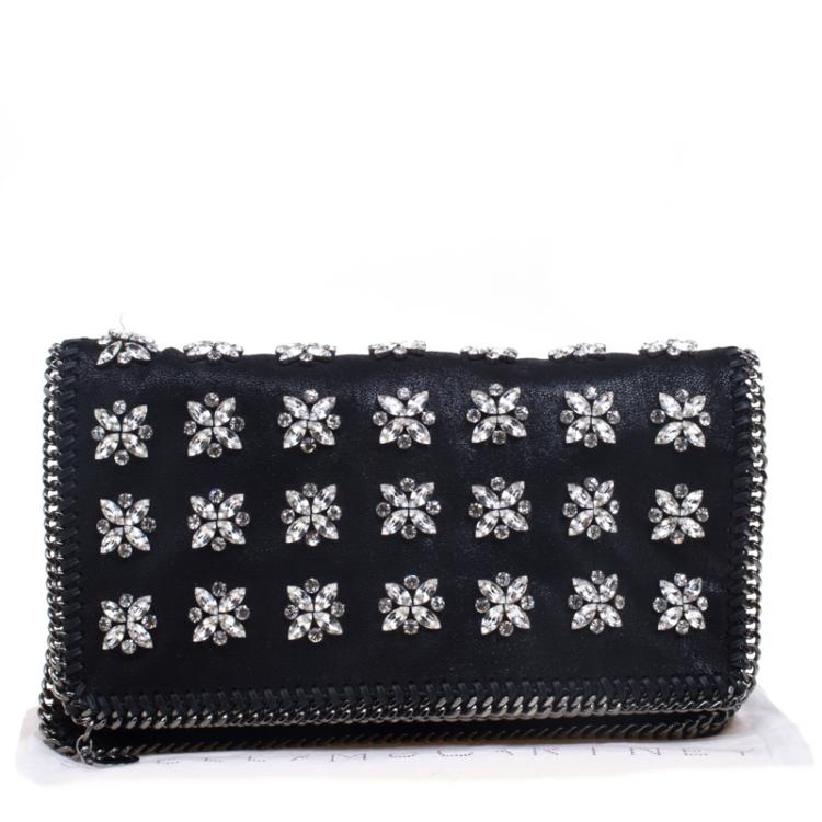 Pre Owned Stella McCartney Black Faux Leather Crystal Embellished Foldover Clutch