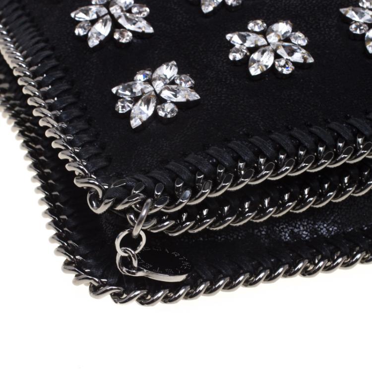 Pre Owned Stella McCartney Black Faux Leather Crystal Embellished Foldover Clutch