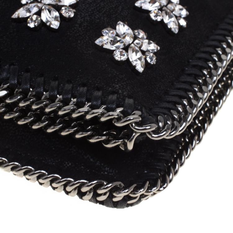 Pre Owned Stella McCartney Black Faux Leather Crystal Embellished Foldover Clutch