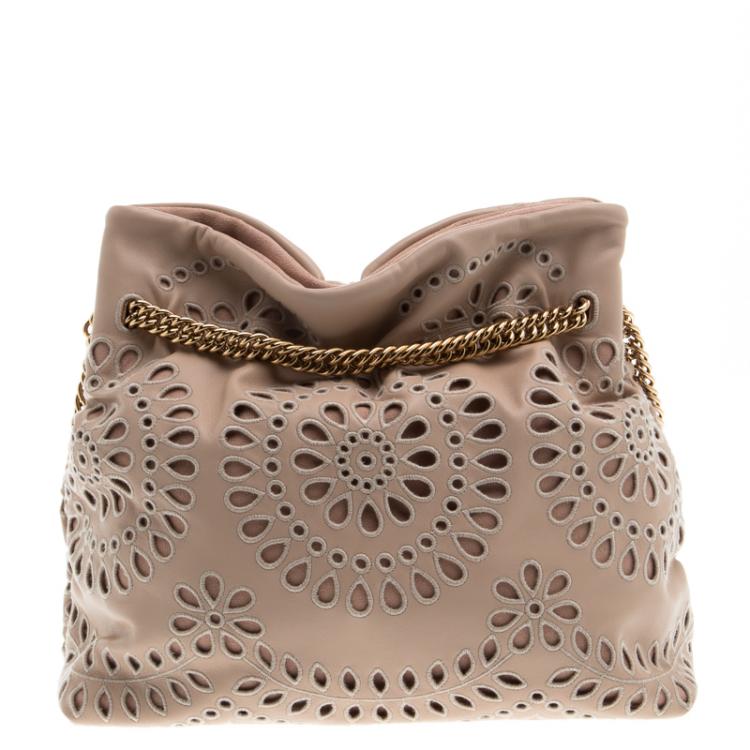 Pre Owned Stella McCartney Beige Faux Leather Eyelet Noma Bucket Bag