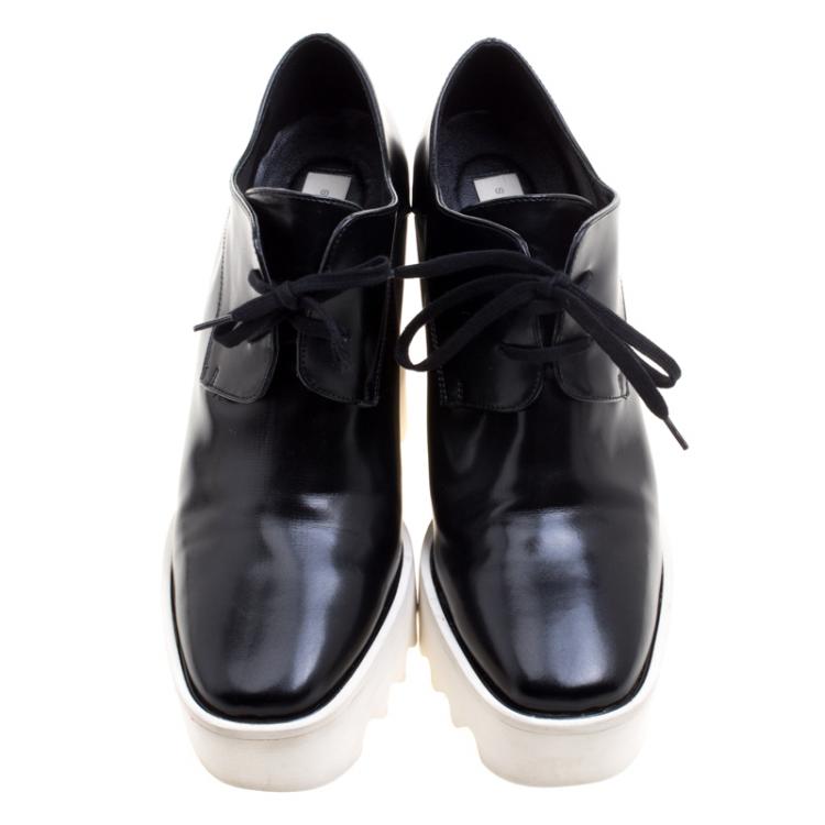 Pre Owned Stella McCartney Black Faux Leather Leana Wooden Wedge Lace-Up Oxfords Size 38