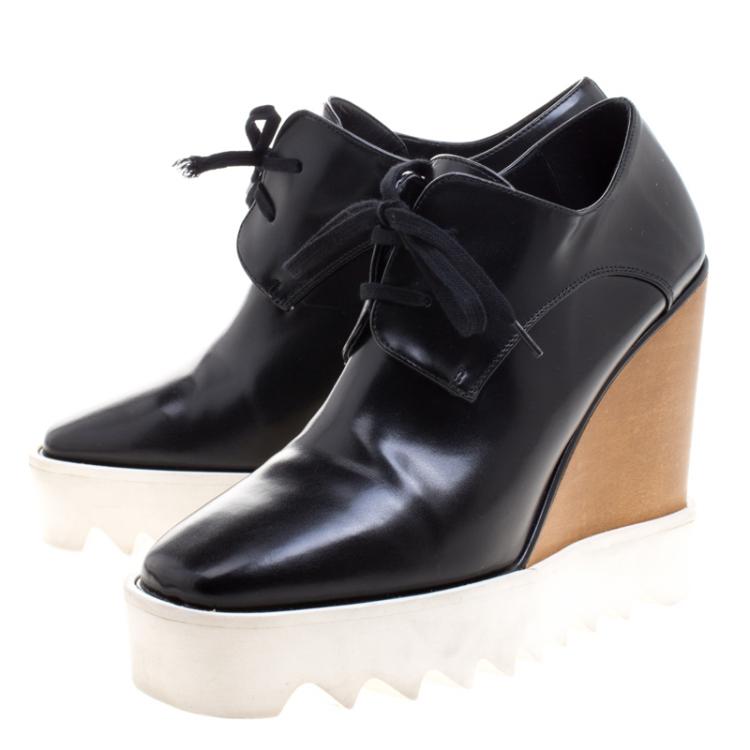Pre Owned Stella McCartney Black Faux Leather Leana Wooden Wedge Lace-Up Oxfords Size 38