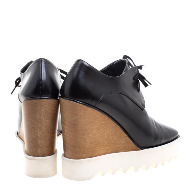 Pre Owned Stella McCartney Black Faux Leather Leana Wooden Wedge Lace-Up Oxfords Size 38