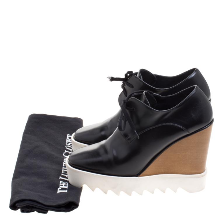 Pre Owned Stella McCartney Black Faux Leather Leana Wooden Wedge Lace-Up Oxfords Size 38