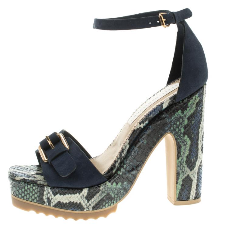 Pre Owned Stella McCartney Blue Faux Suede and Python Print Platform Ankle Strap Sandals Size 39