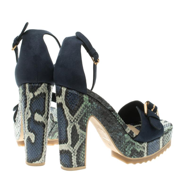Pre Owned Stella McCartney Blue Faux Suede and Python Print Platform Ankle Strap Sandals Size 39