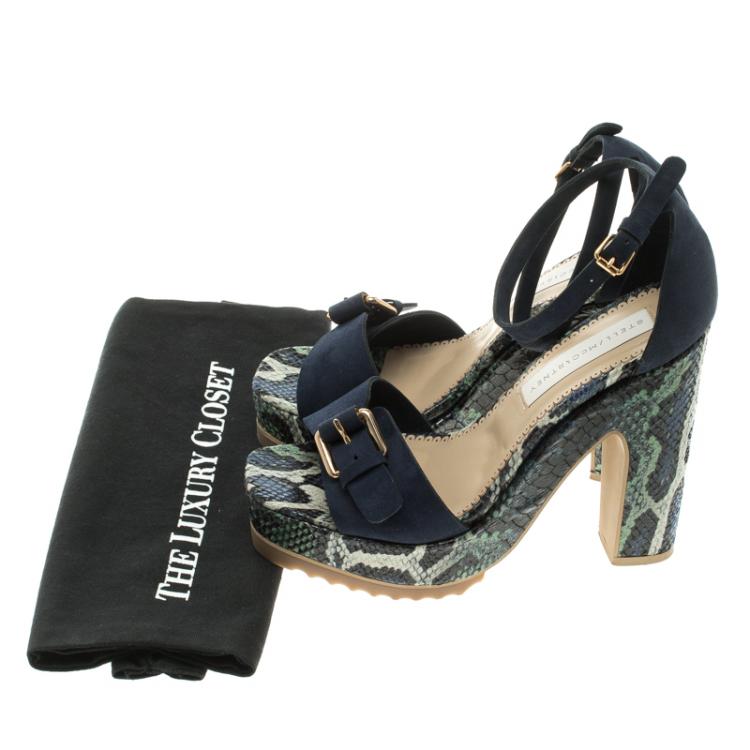 Pre Owned Stella McCartney Blue Faux Suede and Python Print Platform Ankle Strap Sandals Size 39