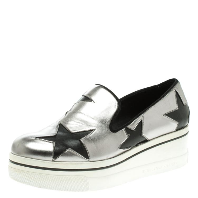 Pre Owned Stella McCartney Grey Metallic Faux Leather Binx Star Platform Slip On Sneakers Size 38