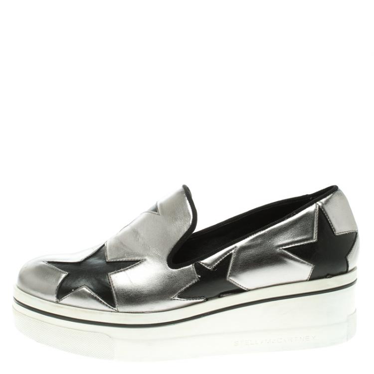 Pre Owned Stella McCartney Grey Metallic Faux Leather Binx Star Platform Slip On Sneakers Size 38