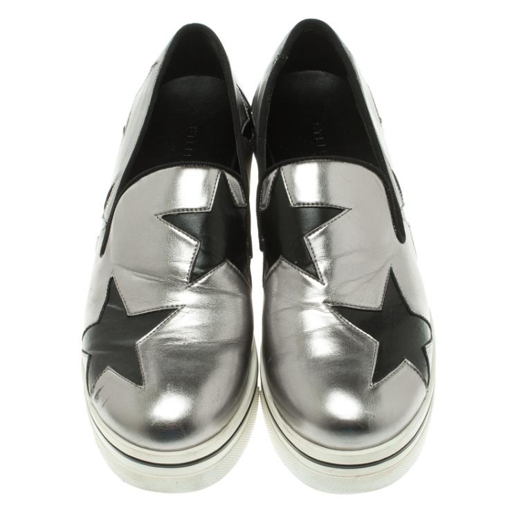 Pre Owned Stella McCartney Grey Metallic Faux Leather Binx Star Platform Slip On Sneakers Size 38