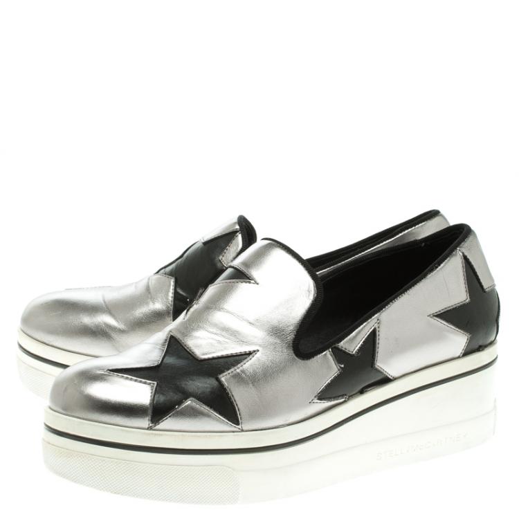 Pre Owned Stella McCartney Grey Metallic Faux Leather Binx Star Platform Slip On Sneakers Size 38